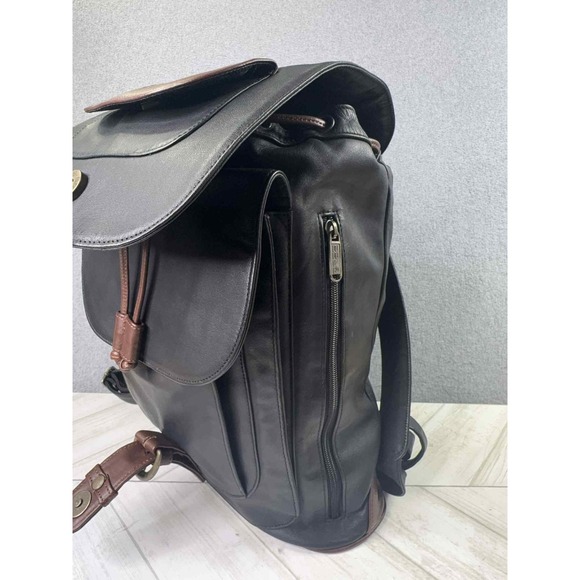 BREE Germany Leather Backpack Purse Black Brown Two Tone Drawstring Flap Bag VTG main image 7